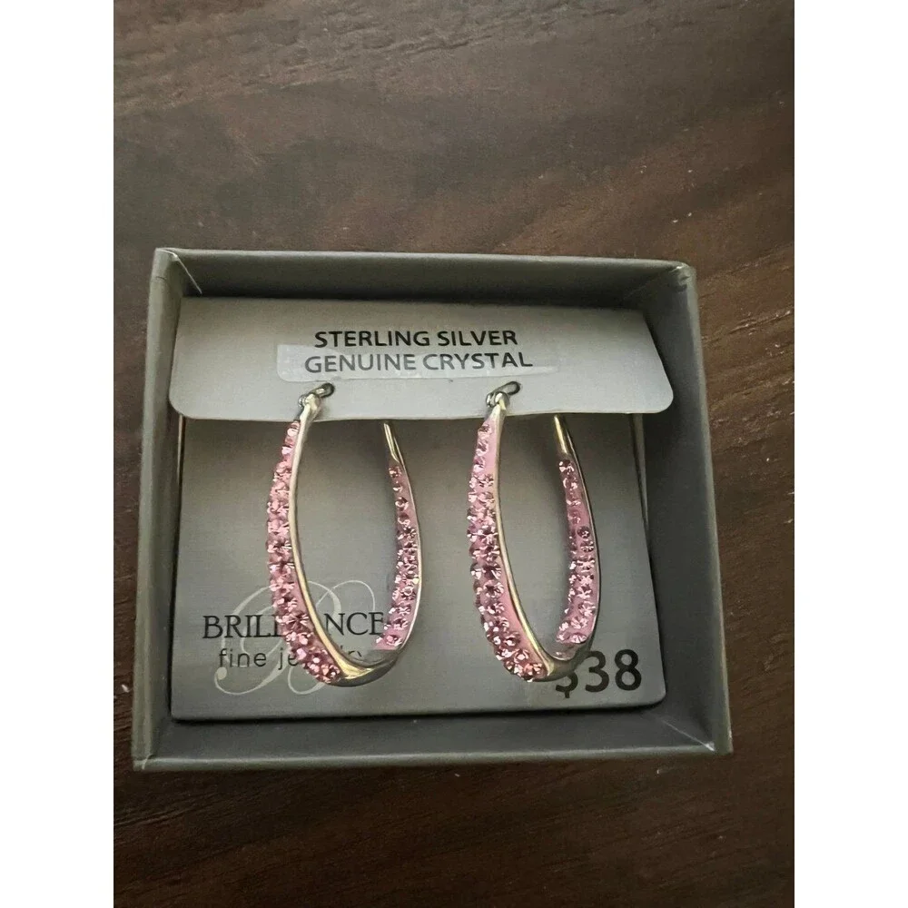 Sterling Silver Pink crystal hoop earrings new
